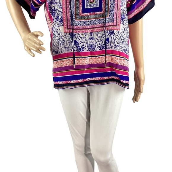 Trina Turk Floria Tunic Silk Boho Print V-Neck Top Pink Blue Size M - Picture 3 of 7
